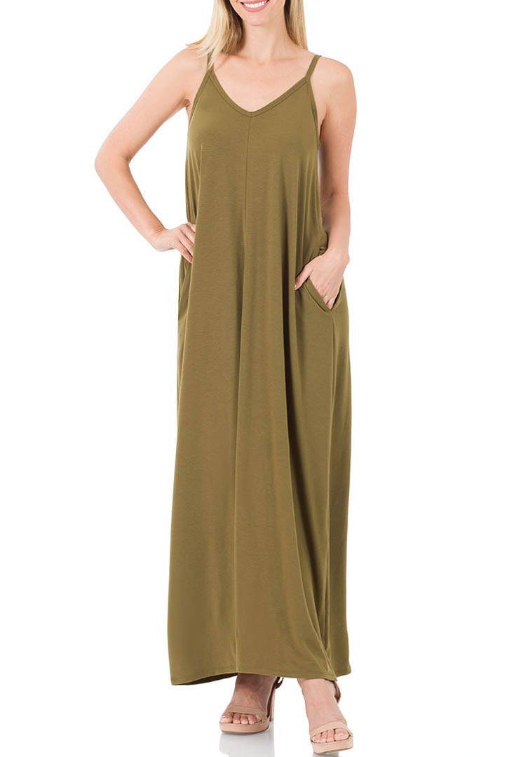 Women V Neck Spaghetti Strap Loose fit Summer Beach Maxi Dress Sundress with Pockets