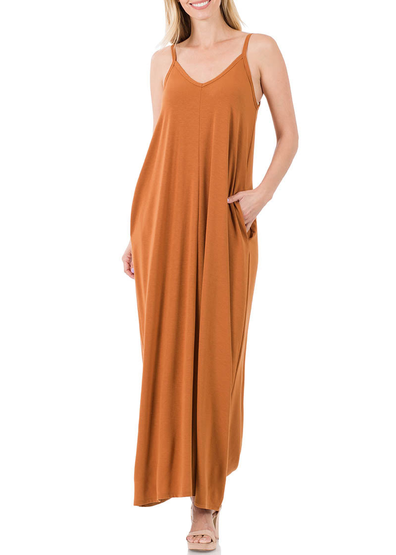 Women V Neck Spaghetti Strap Loose fit Summer Beach Maxi Dress Sundress with Pockets