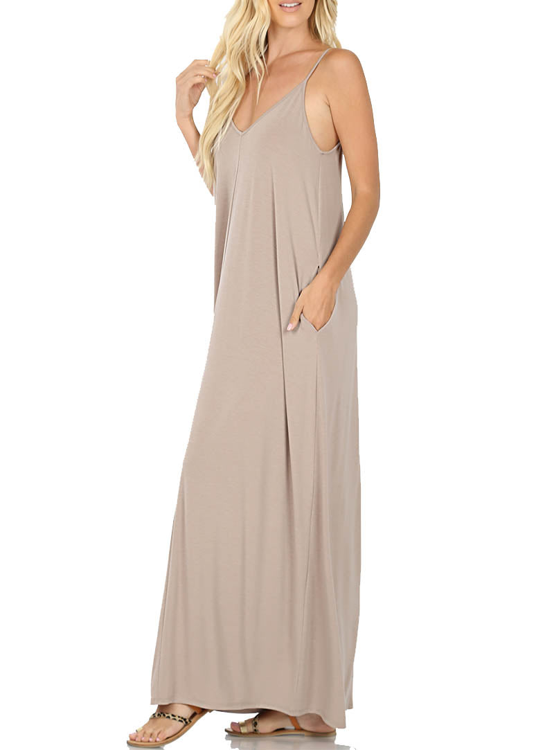 Women V Neck Spaghetti Strap Loose fit Summer Beach Maxi Dress Sundress with Pockets