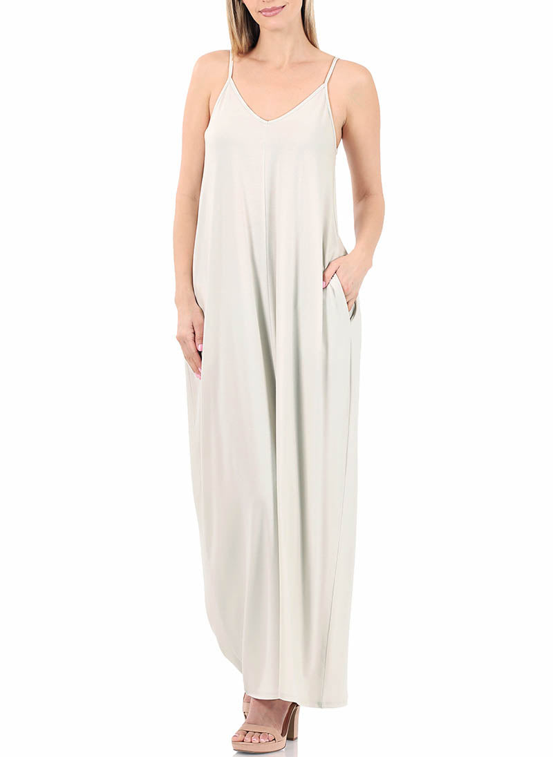 Women V Neck Spaghetti Strap Loose fit Summer Beach Maxi Dress Sundress with Pockets