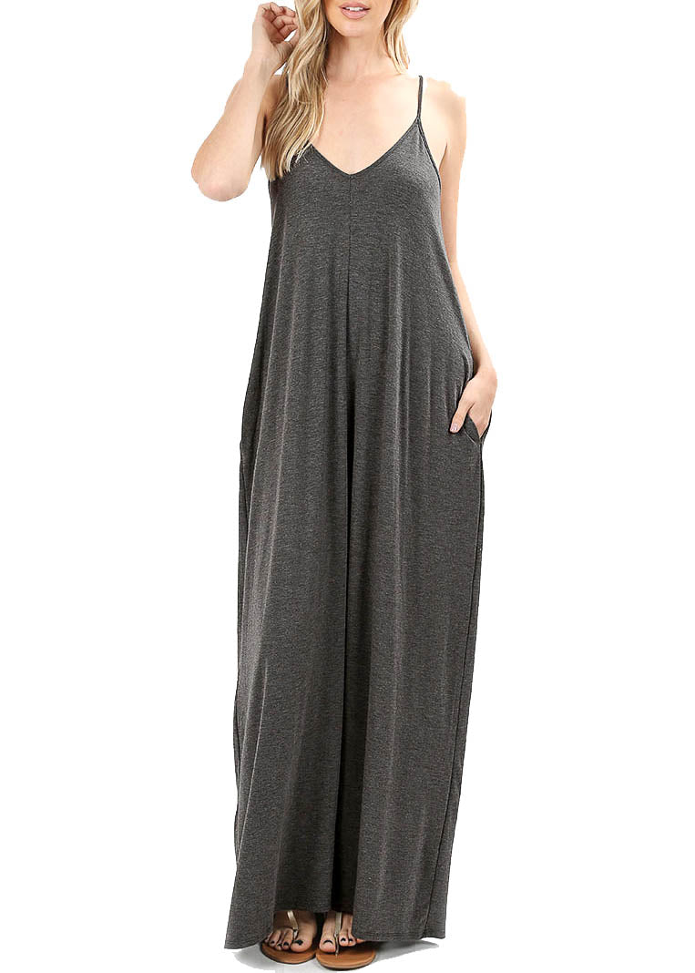 Women V Neck Spaghetti Strap Loose fit Summer Beach Maxi Dress Sundress with Pockets