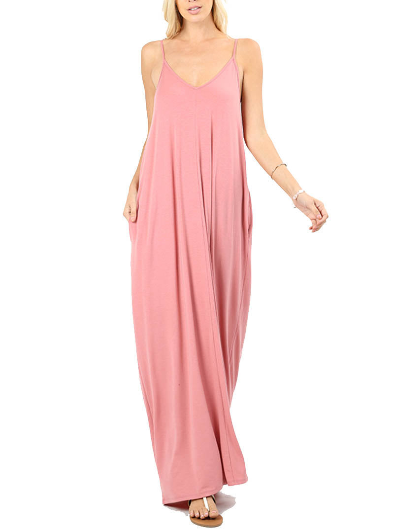 Women V Neck Spaghetti Strap Loose fit Summer Beach Maxi Dress Sundress with Pockets