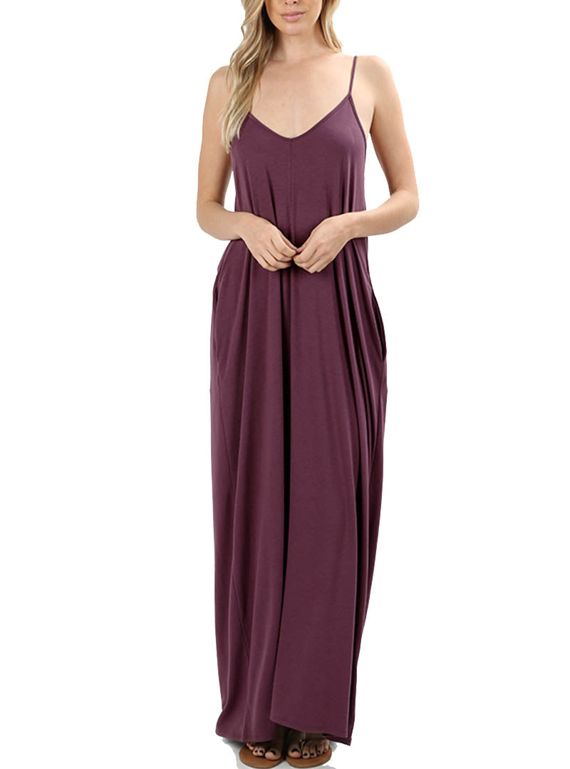 Women V Neck Spaghetti Strap Loose fit Summer Beach Maxi Dress Sundress with Pockets
