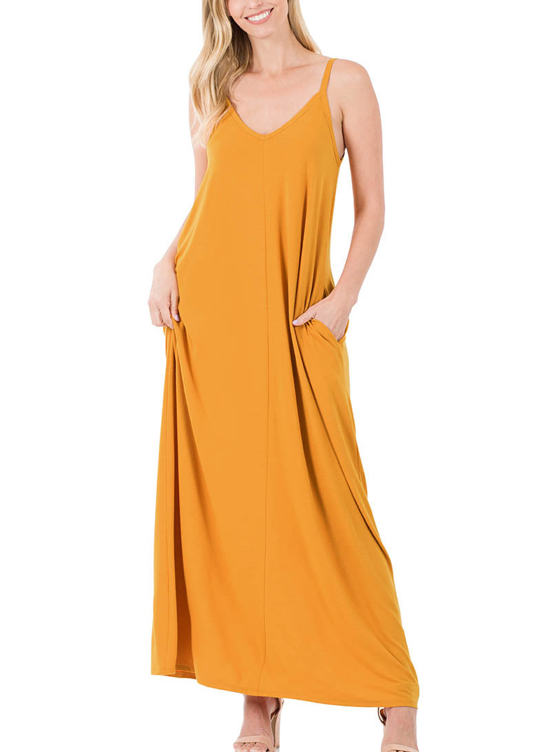 Women V Neck Spaghetti Strap Loose fit Summer Beach Maxi Dress Sundress with Pockets