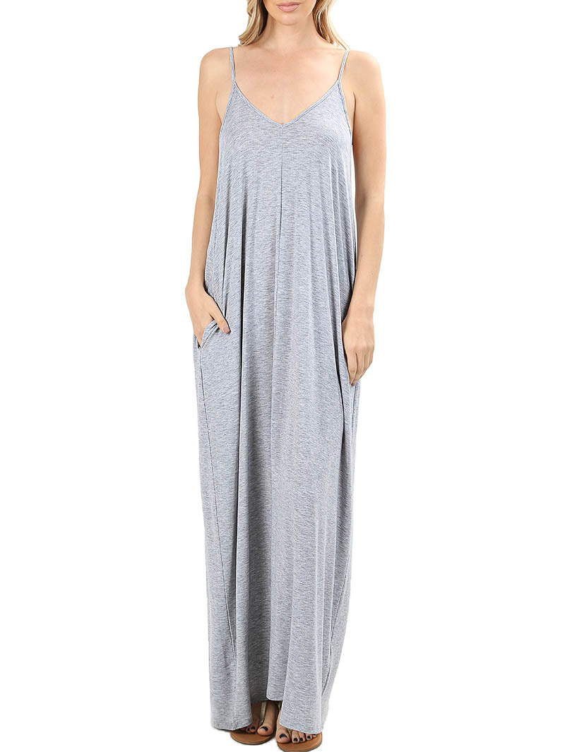 Women V Neck Spaghetti Strap Loose fit Summer Beach Maxi Dress Sundress with Pockets
