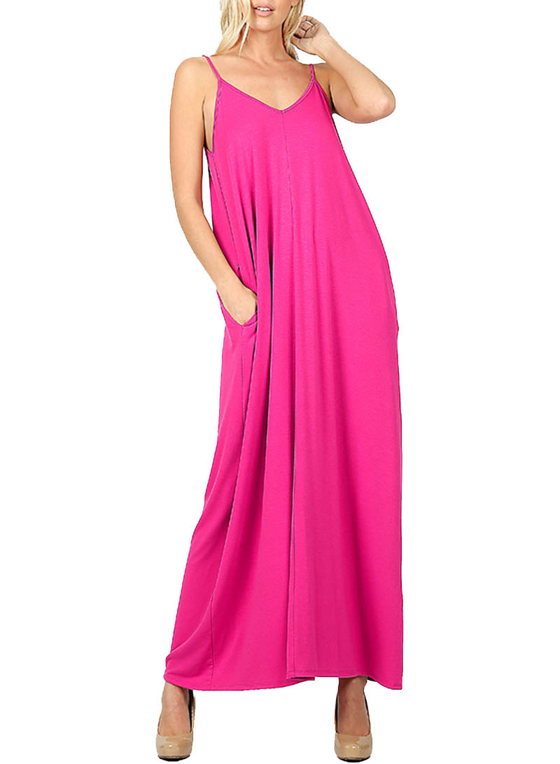 Women V Neck Spaghetti Strap Loose fit Summer Beach Maxi Dress Sundress with Pockets