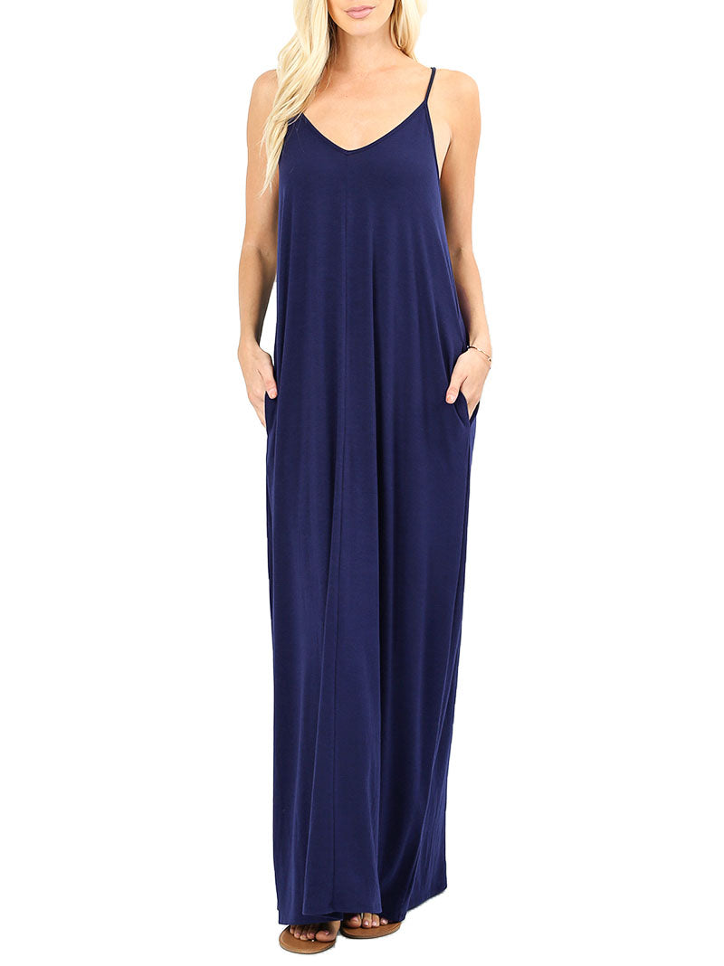 Women V Neck Spaghetti Strap Loose fit Summer Beach Maxi Dress Sundress with Pockets