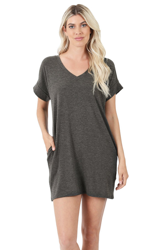 Women V-Neck Rolled Up Short Sleeve Longline Top Tunic with Side Pockets
