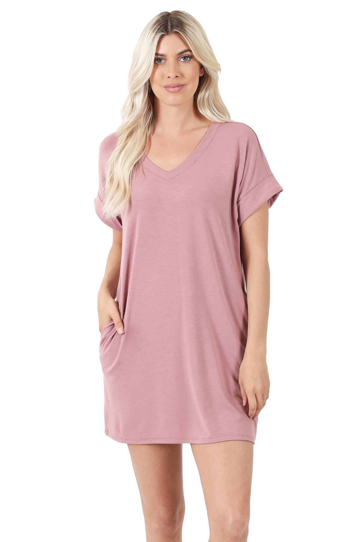 Women V-Neck Rolled Up Short Sleeve Longline Top Tunic with Side Pockets