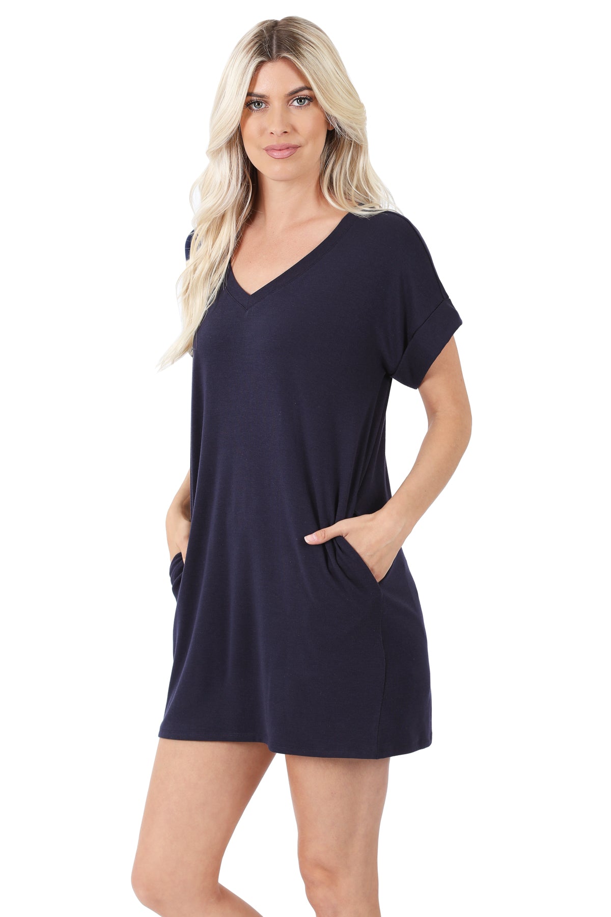Women V-Neck Rolled Up Short Sleeve Longline Top Tunic with Side Pockets