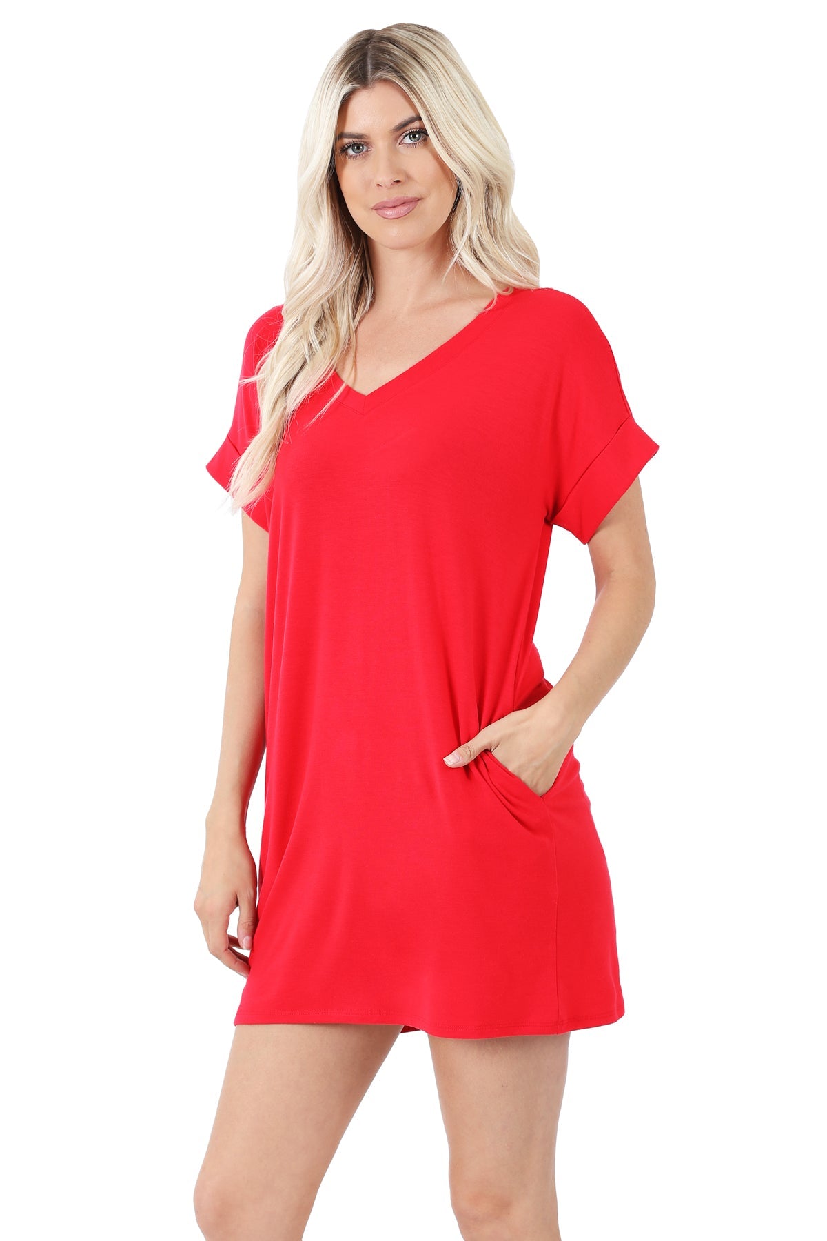 Women V-Neck Rolled Up Short Sleeve Longline Top Tunic with Side Pockets