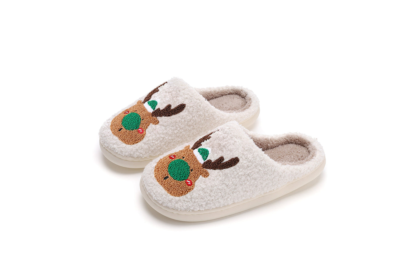 Christmas Reindeer Illustrated Comfort Cozy Plush Fluffy Fur Slip On Cushion Slippers