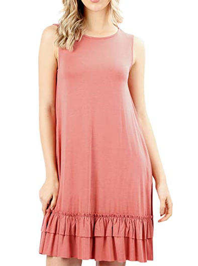 Women Scoop Neck Comfy Middy Length Flare Ruffle Dress with Pockets - Shop Lev