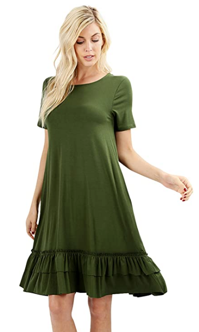 Women Scoop Neck Comfy Middy Length Flare Ruffle Dress with Pockets - Shop Lev