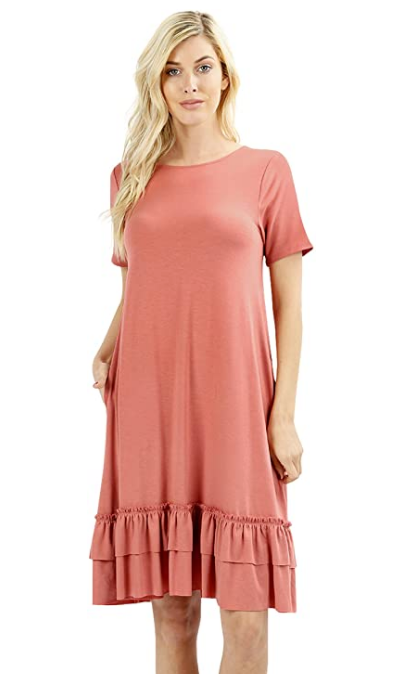 Women Scoop Neck Comfy Middy Length Flare Ruffle Dress with Pockets - Shop Lev