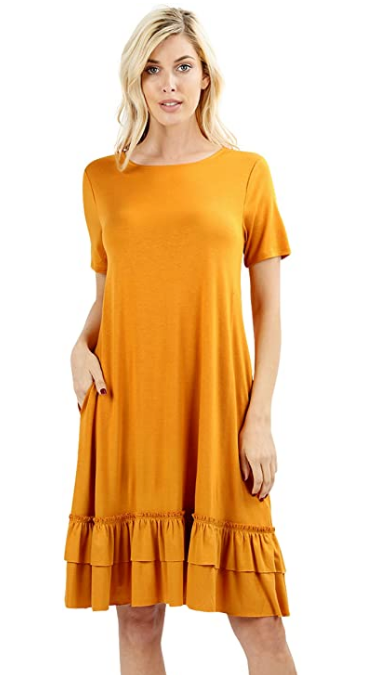 Women Scoop Neck Comfy Middy Length Flare Ruffle Dress with Pockets - Shop Lev