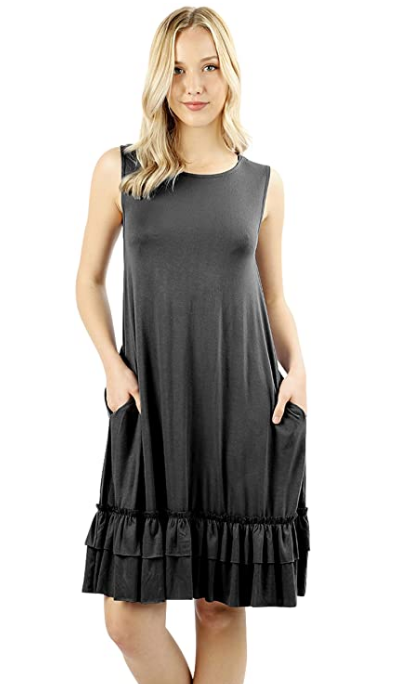 Women Scoop Neck Comfy Middy Length Flare Ruffle Dress with Pockets - Shop Lev