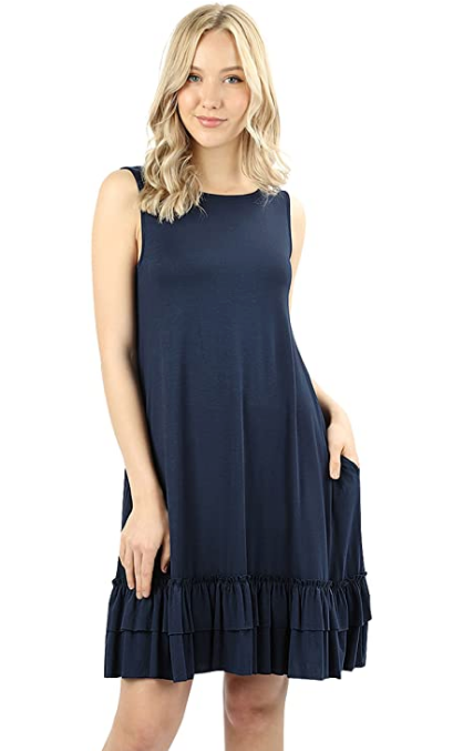 Women Scoop Neck Comfy Middy Length Flare Ruffle Dress with Pockets - Shop Lev