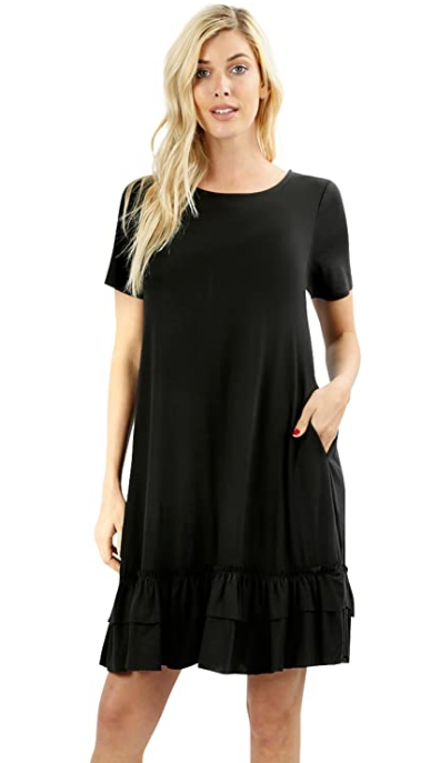 Women Scoop Neck Comfy Middy Length Flare Ruffle Dress with Pockets - Shop Lev