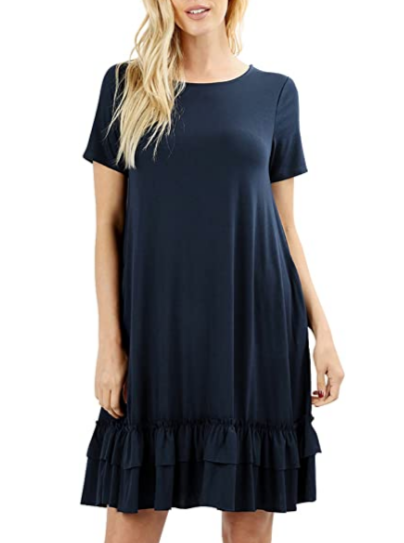 Women Scoop Neck Comfy Middy Length Flare Ruffle Dress with Pockets - Shop Lev