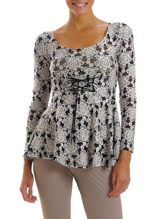 Lace Long Sleeve Round Neck Top with Front Ties - Shop Lev
