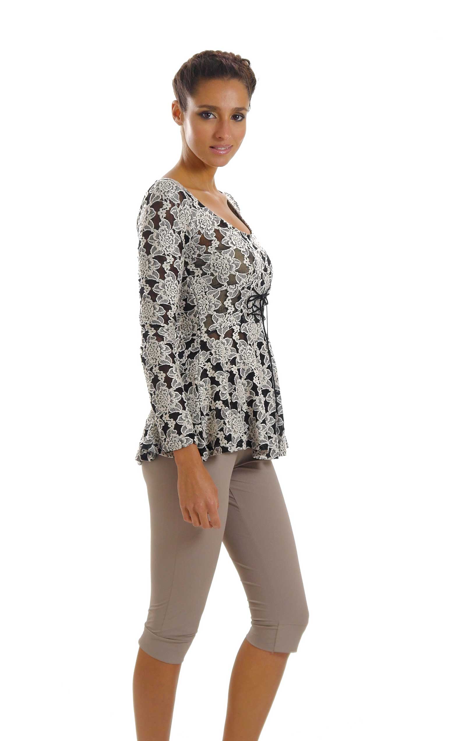Lace Long Sleeve Round Neck Top with Front Ties - Shop Lev