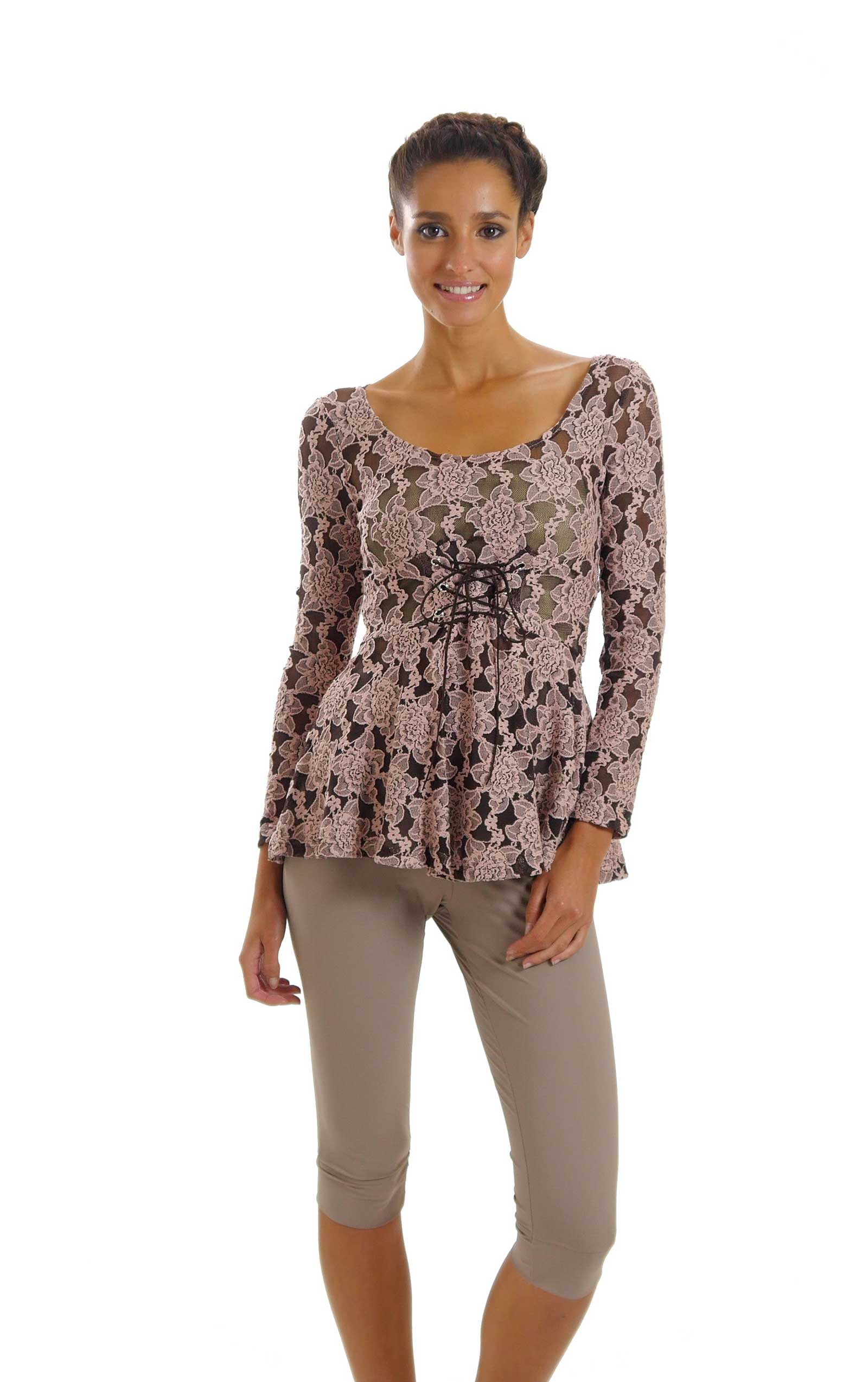 Lace Long Sleeve Round Neck Top with Front Ties - Shop Lev