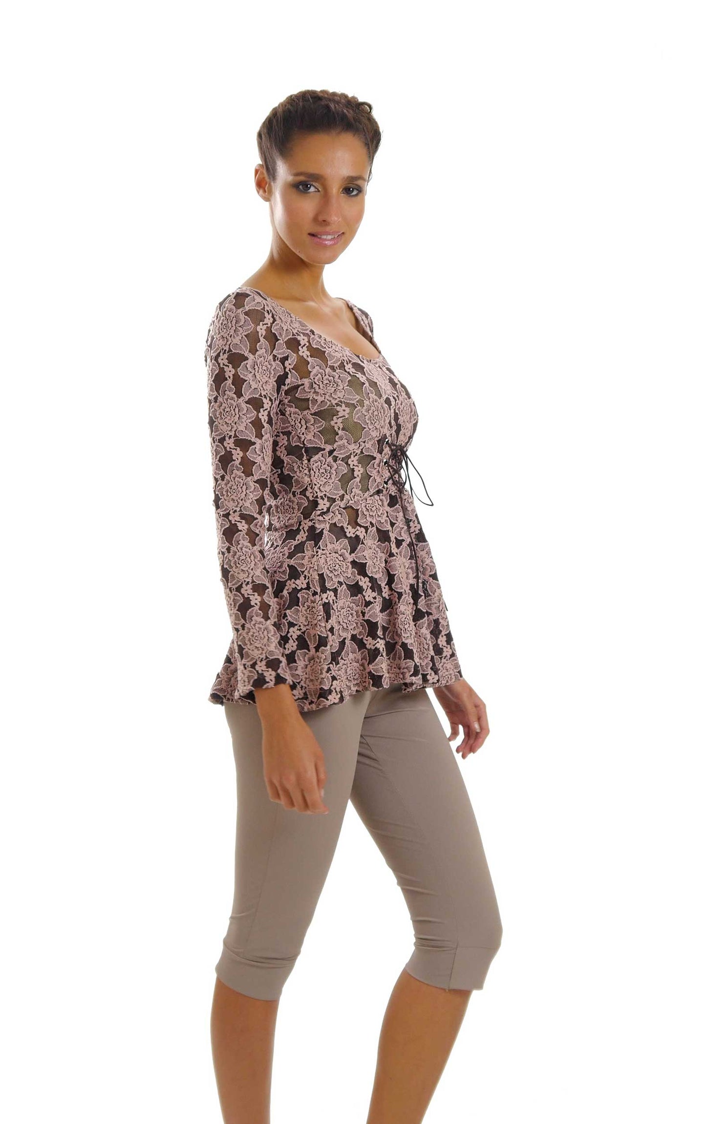 Lace Long Sleeve Round Neck Top with Front Ties - Shop Lev