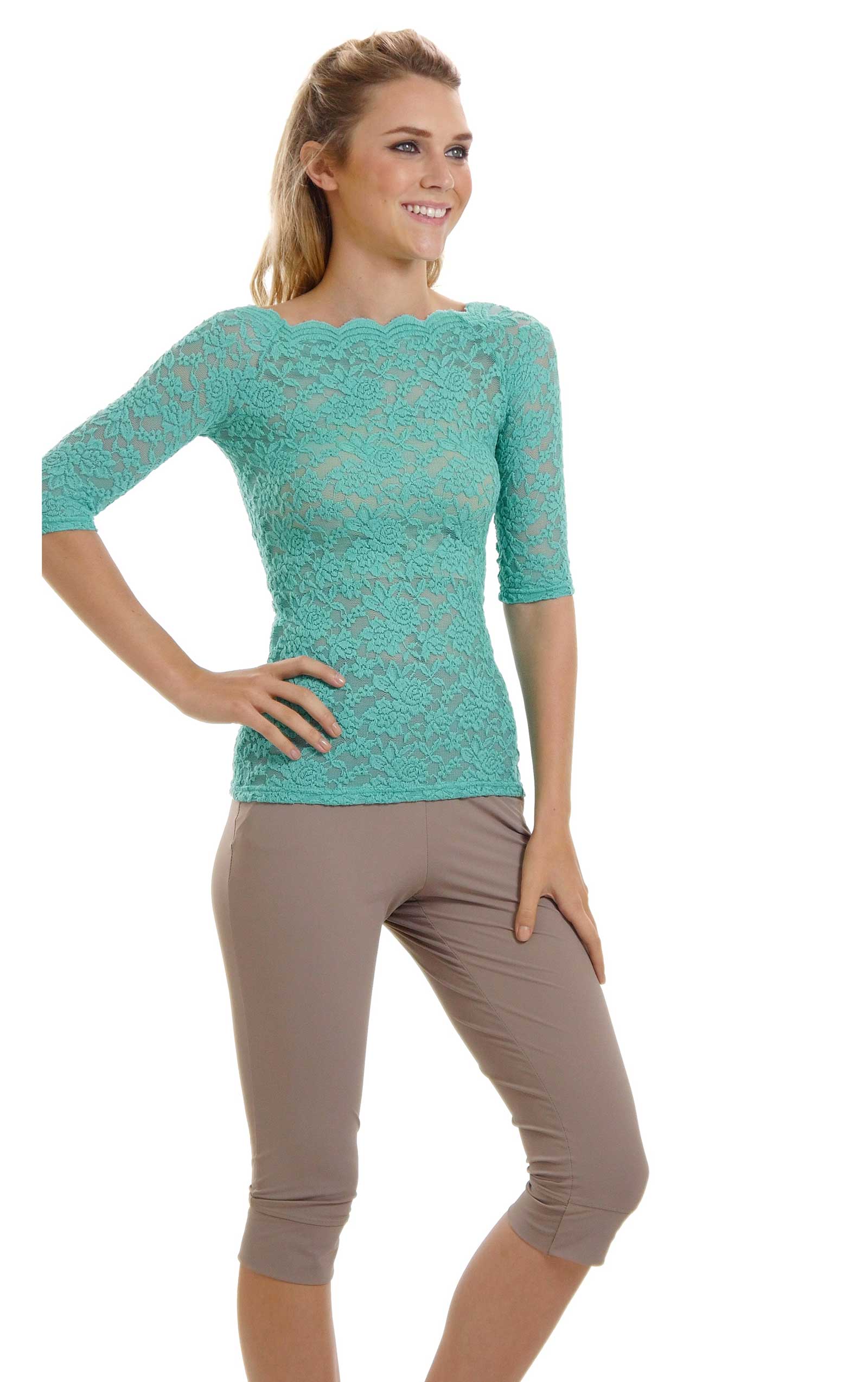 Lace Half Sleeve Low Scallop Neck Top - Shop Lev