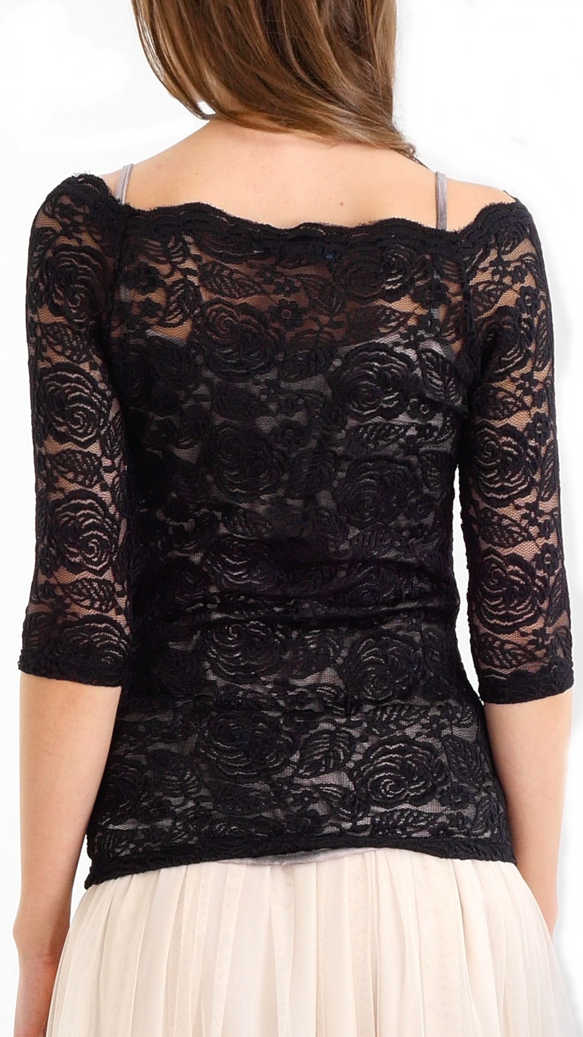 Floral Lace Half Sleeve Low Scoop Neck Top - Shop Lev