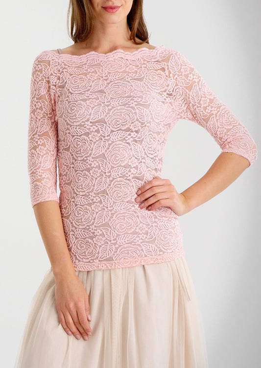Floral Lace Half Sleeve Low Scoop Neck Top - Shop Lev