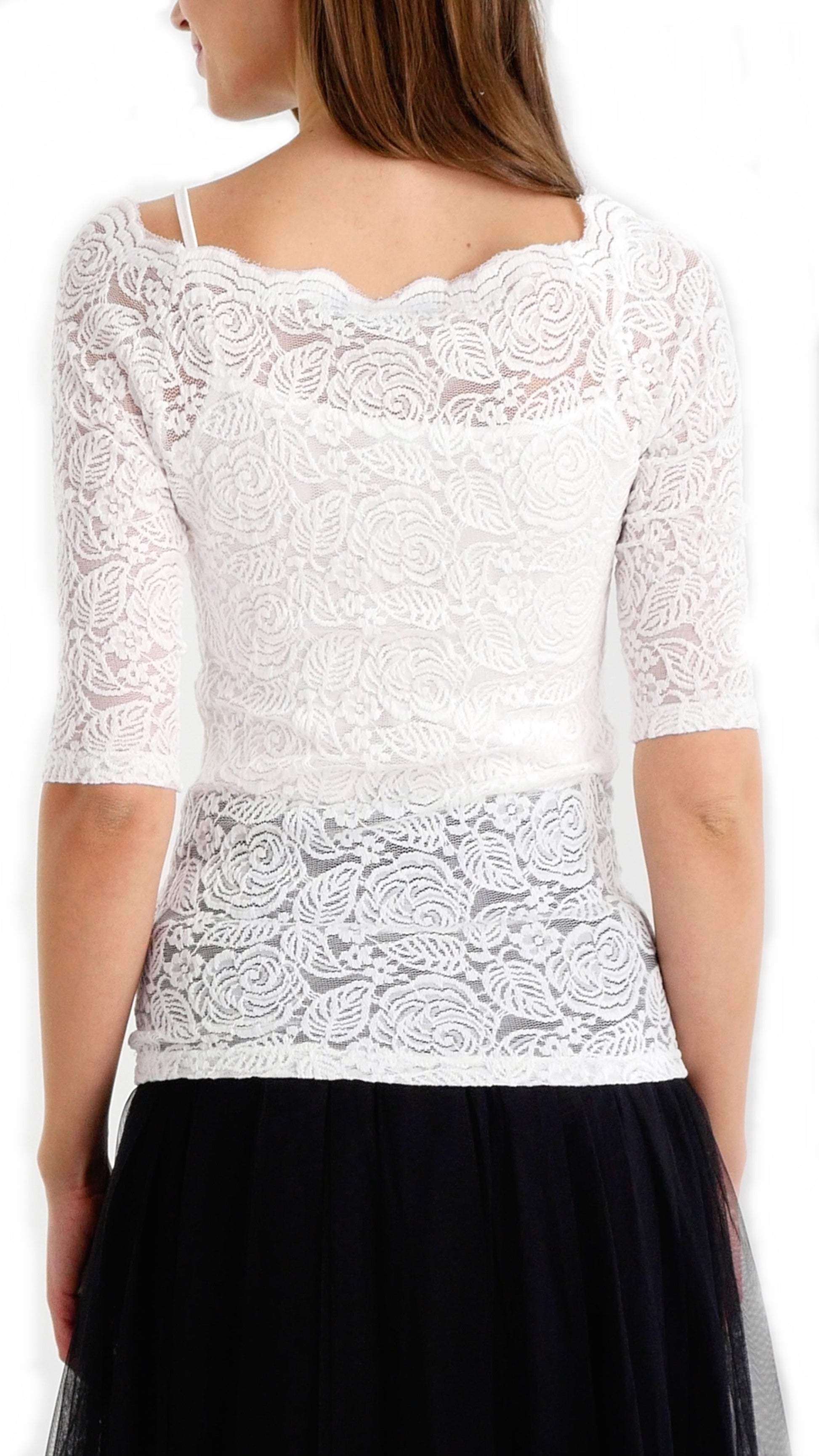 Floral Lace Half Sleeve Low Scoop Neck Top - Shop Lev