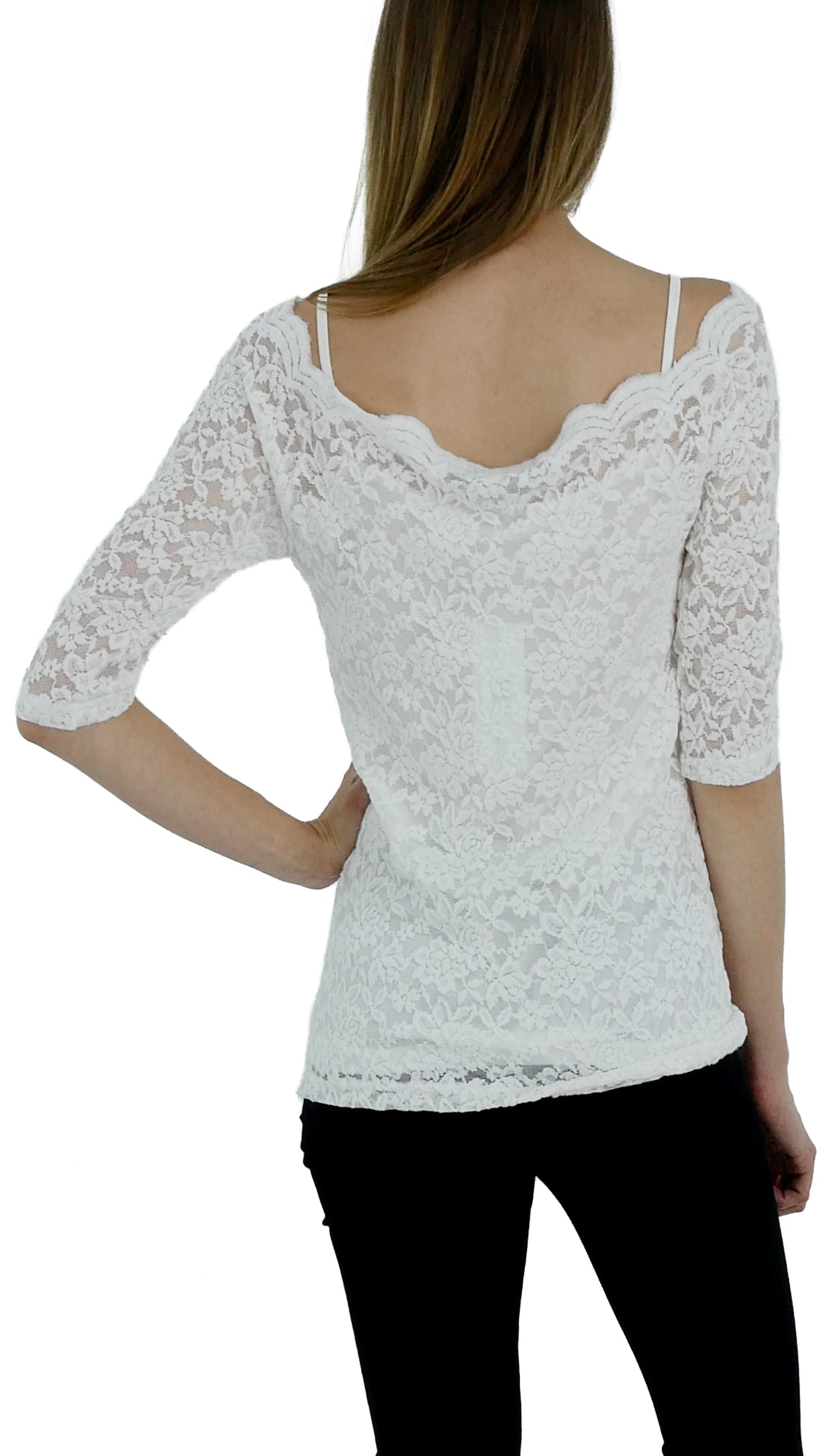 Lace Half Sleeve Low Scallop Neck Top - Shop Lev