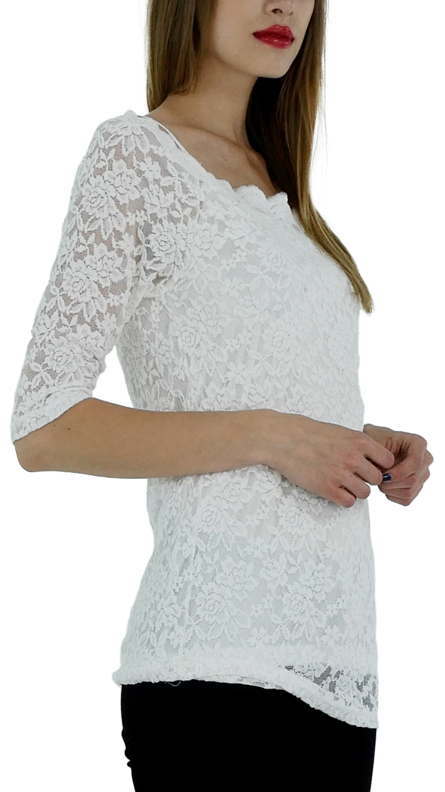 Lace Half Sleeve Low Scallop Neck Top - Shop Lev