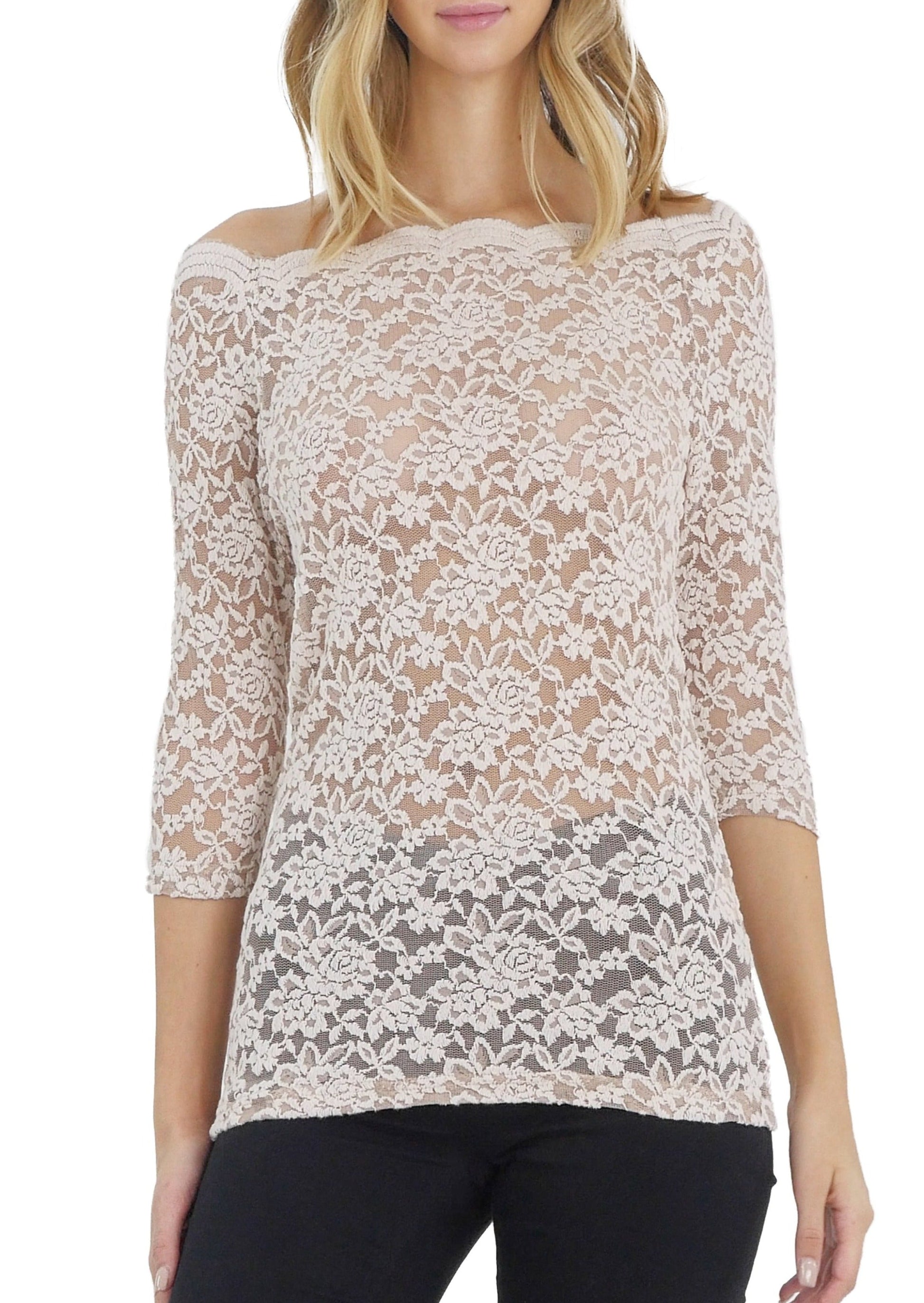 Lace Half Sleeve Low Scallop Neck Top - Shop Lev