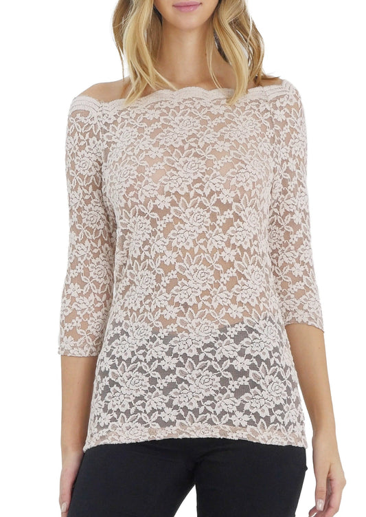 Lace Half Sleeve Low Scallop Neck Top - Shop Lev