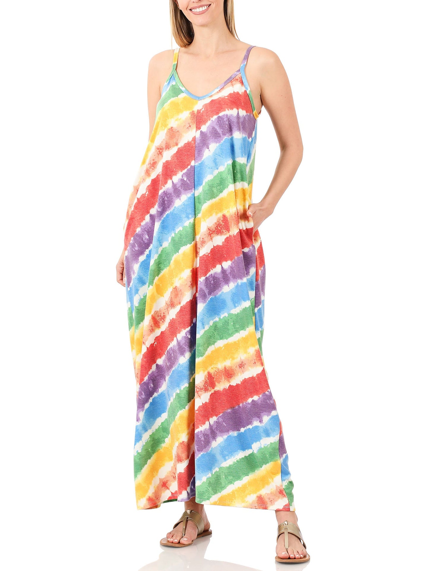 Women V Neck Spaghetti Strap Loose fit Summer Beach Maxi Dress Sundress with Pockets