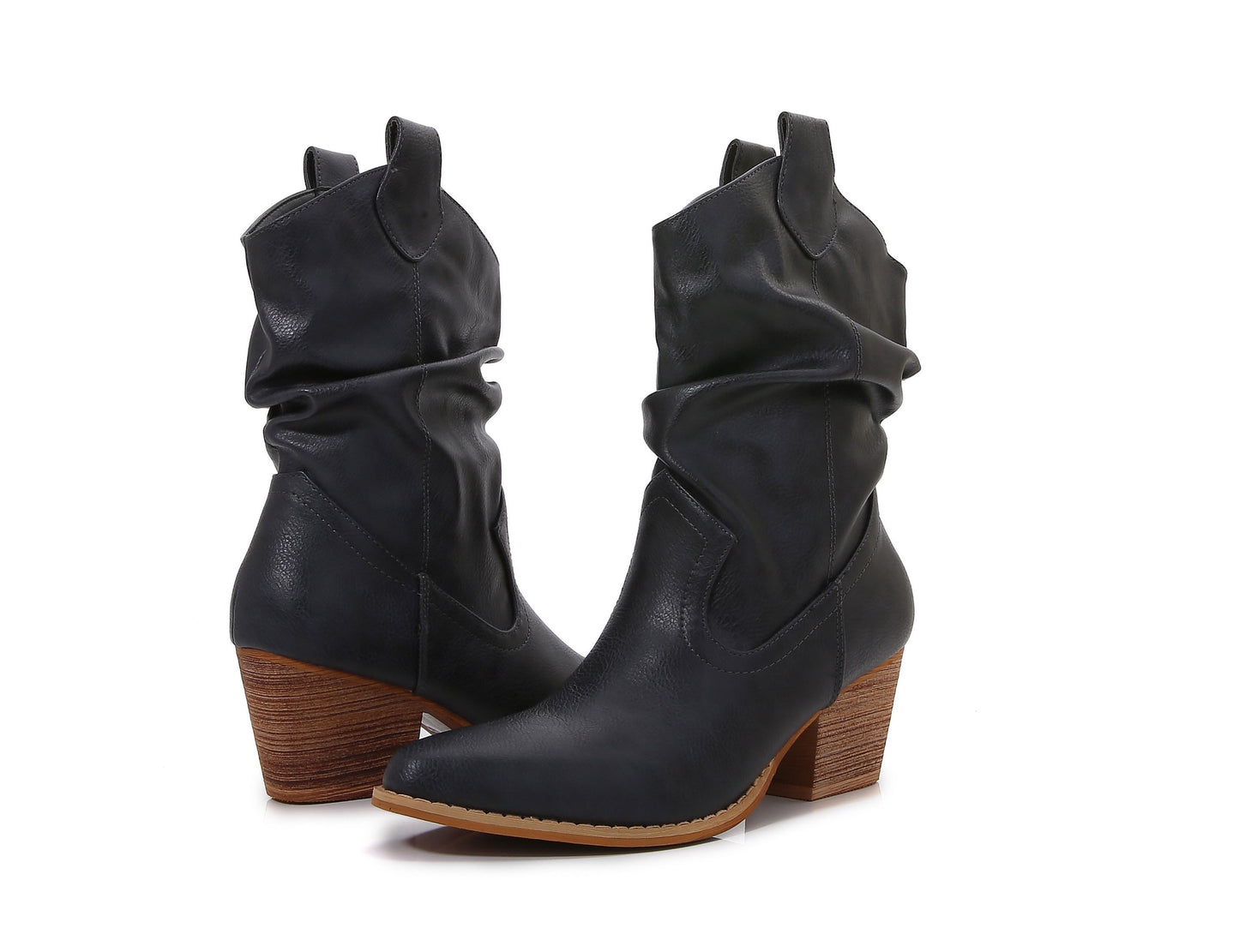 Premium PU Leather Wooden Heel Long Chelsea Boots