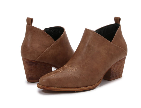 Women's Aztec Embroidered  PU Faux Leather Wooden Heel Zippered Fashion Ankle Boots Booties