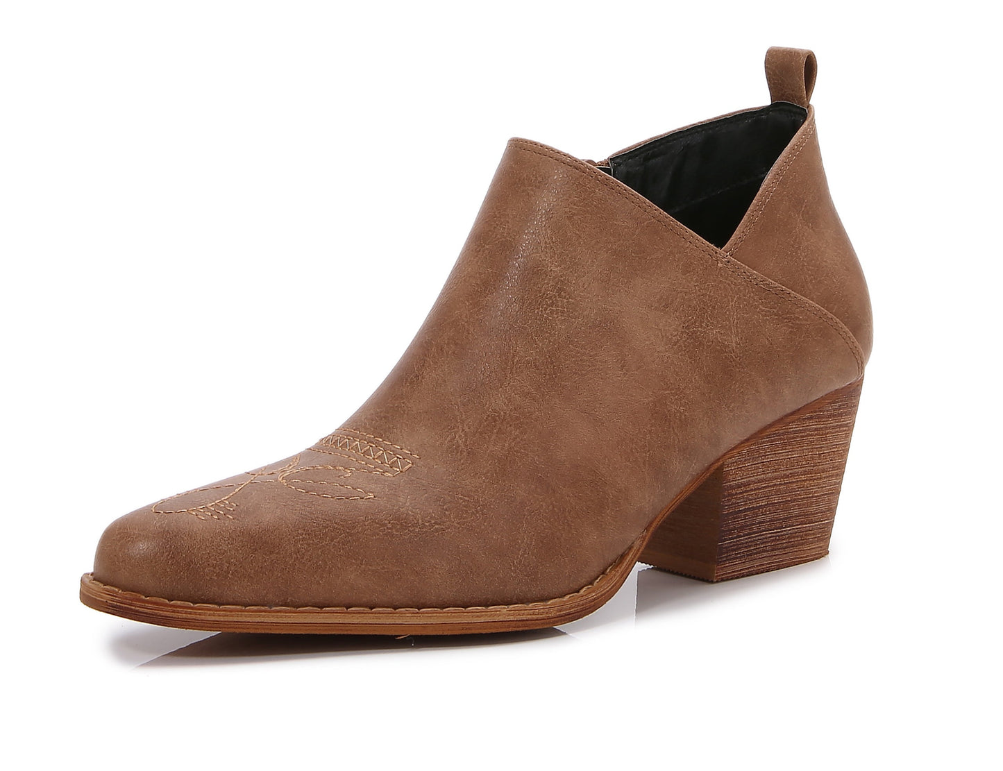 Women's Aztec Embroidered  PU Faux Leather Wooden Heel Zippered Fashion Ankle Boots Booties