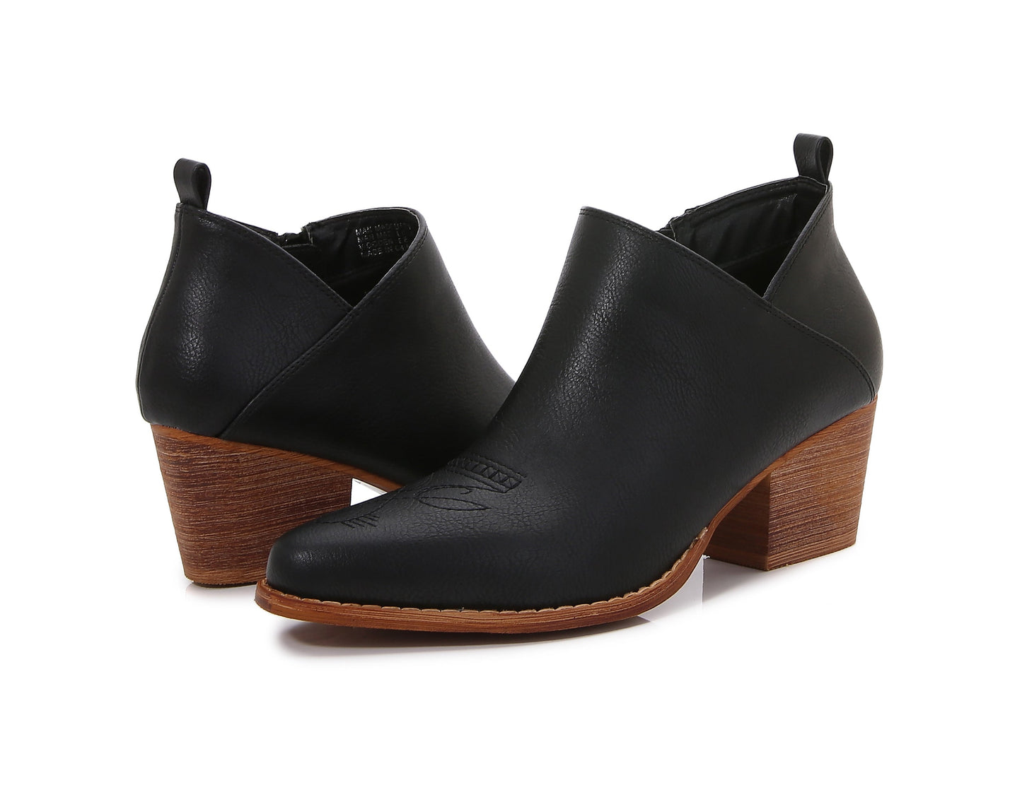 Women's Aztec Embroidered  PU Faux Leather Wooden Heel Zippered Fashion Ankle Boots Booties