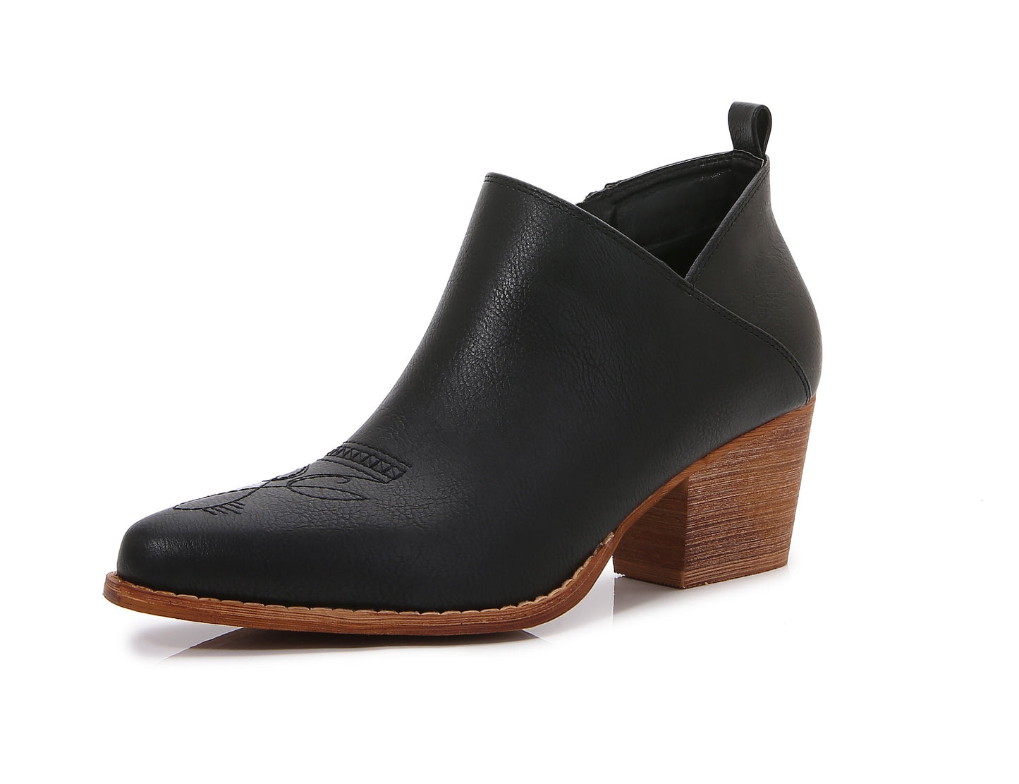 Women's Aztec Embroidered  PU Faux Leather Wooden Heel Zippered Fashion Ankle Boots Booties