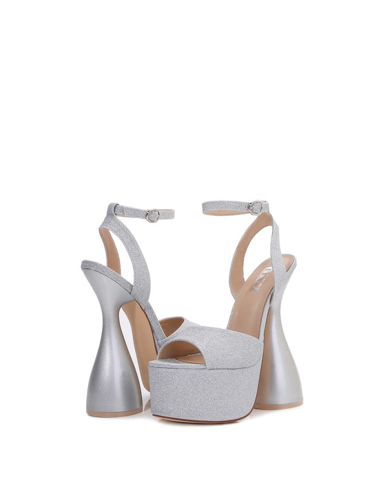 Glitter Ankle Strap Open Toe Platform Block Heels