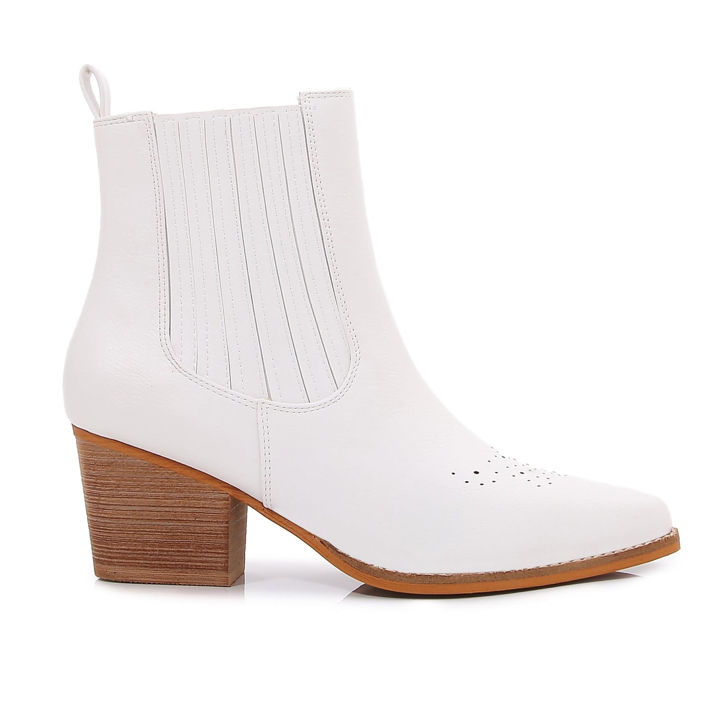 Women PU Leather Perforated Front Stacked Heel Ankle Boots with Elastic Side Gussets