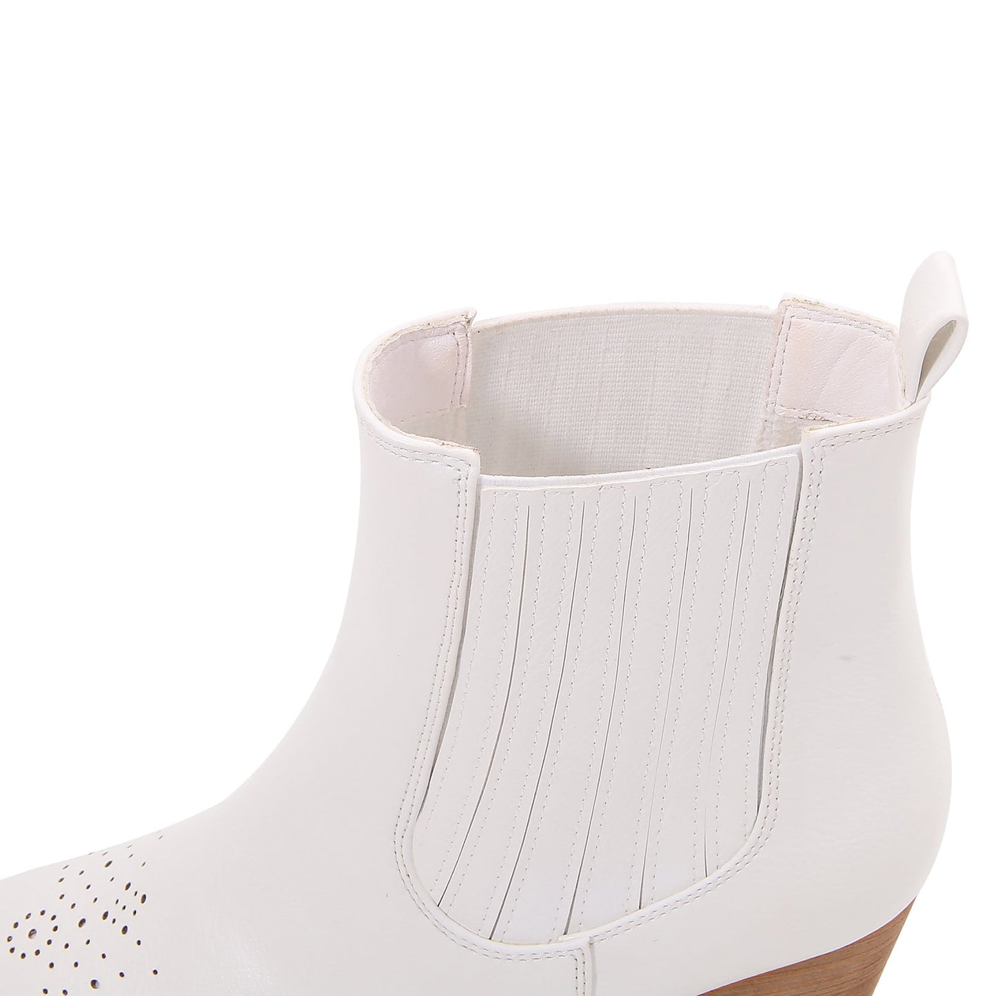 Women PU Leather Perforated Front Stacked Heel Ankle Boots with Elastic Side Gussets