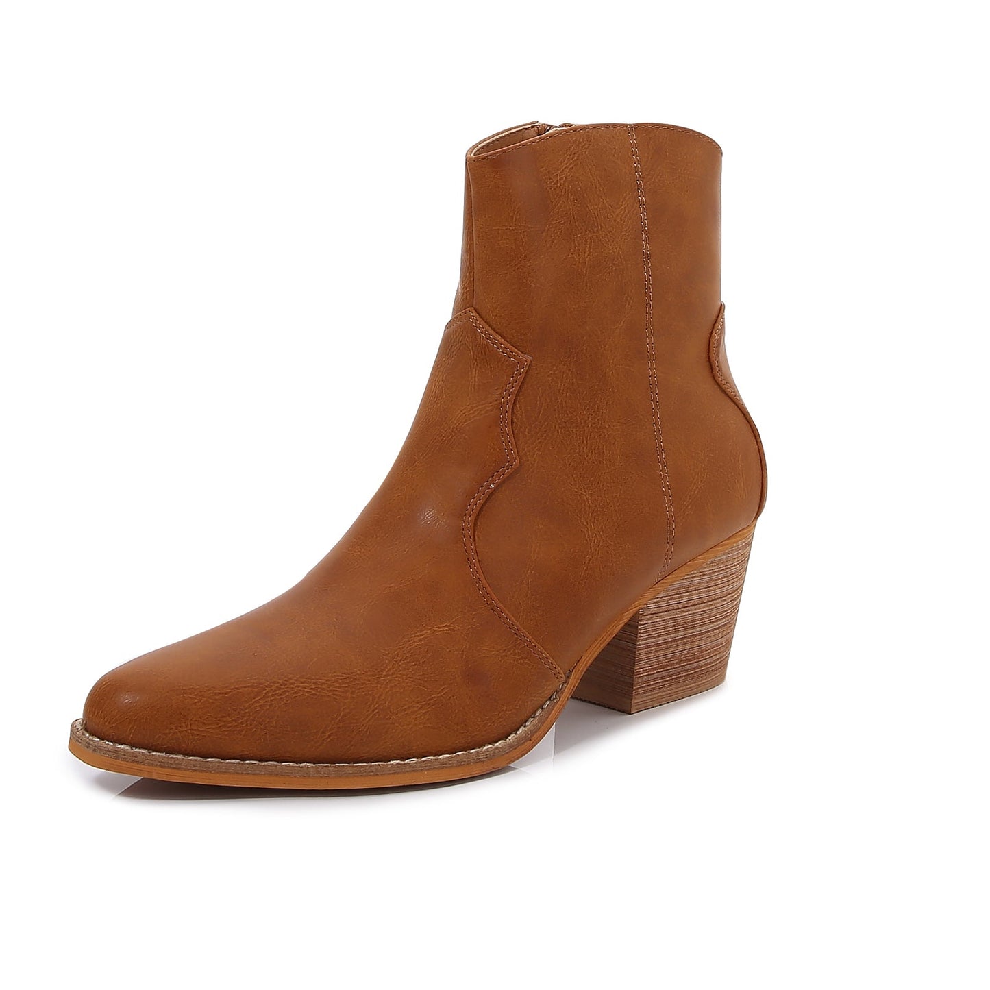 Women PU Leather Stacked Block Heel Western Cowboy Ankle Zip Up Boots