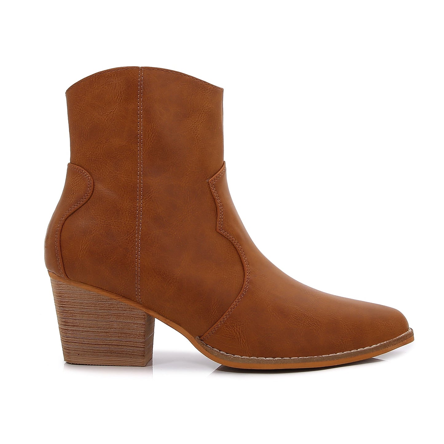 Women PU Leather Stacked Block Heel Western Cowboy Ankle Zip Up Boots