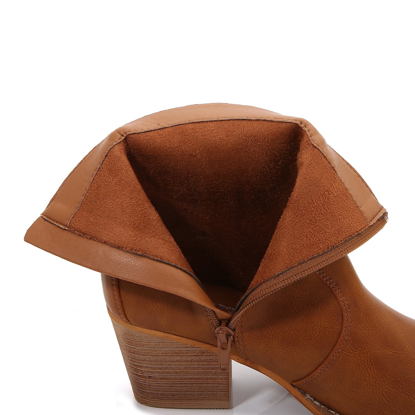 Women PU Leather Stacked Block Heel Western Cowboy Ankle Zip Up Boots