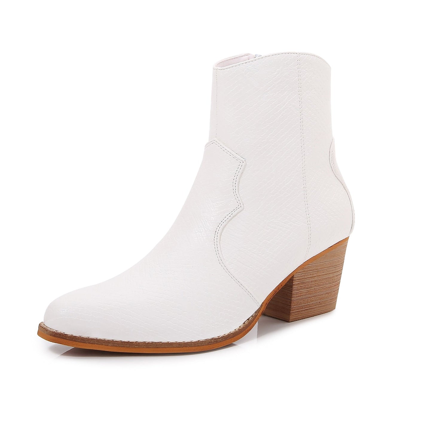 Women PU Leather Stacked Block Heel Western Cowboy Ankle Zip Up Boots