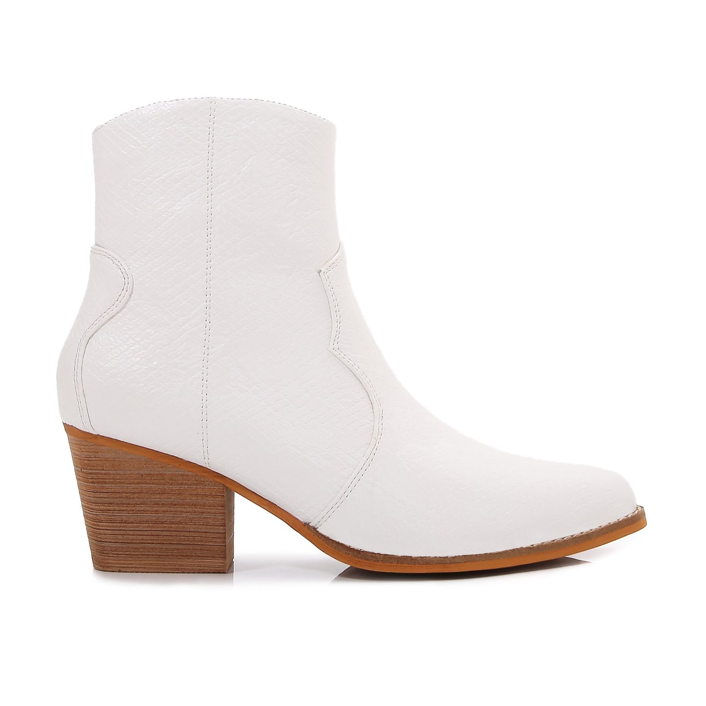 Women PU Leather Stacked Block Heel Western Cowboy Ankle Zip Up Boots